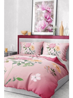 Pamuk Saten Lastikli Çarşaf Deluxe Çift Kişilik 3D Pink Nevresim Takımı