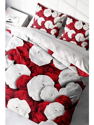 Çift Kişilik Sık Dokuma Pamuk Saten 3D Özel Tasarım White & Red Nevresim Takımı
