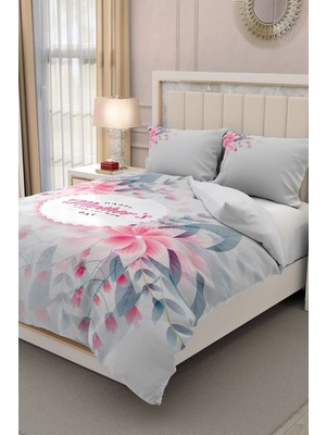 Çift Kişilik Lastikli Çarşaflı Pamuk Saten Anneler Günü Love You Mom Nevresim Takımı