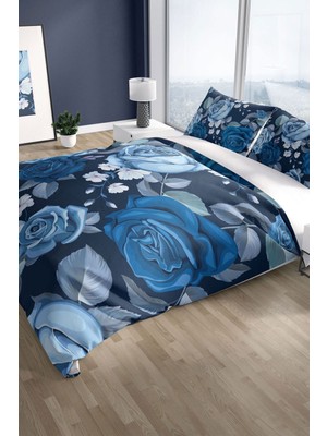 Blue Flower 3D Pamuk Saten Çift Kişilik Nevresim Seti Nevresim Takımı