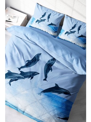 Lastikli Çarşaflı Pamuk Saten Çift Kişilik Dolphin2 Nevresim Takımı