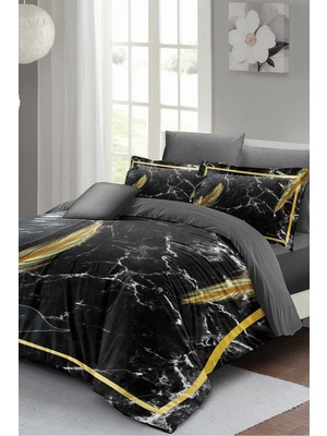 Çift Kişilik Lastikli Çarşaflı Pamuk Saten Dark Marble Nevresim Takımı