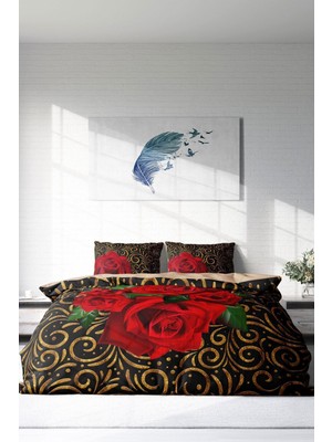 Çift Kişilik Lastikli Çarşaflı Pamuk Saten Gold & Roses Nevresim Takımı