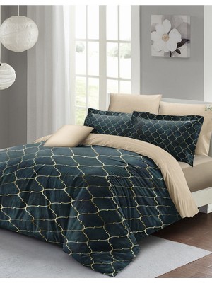 Lastikli Çarşaflı Pamuk Saten Çift Kişilik Gold Line Nevresim Takımı