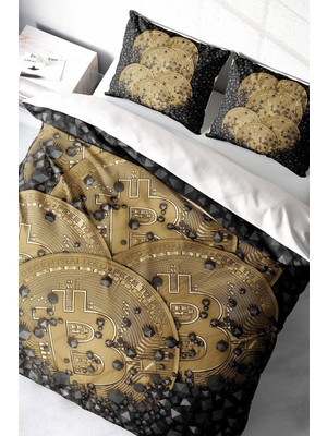 Doğal Pamuk Çift Kişilik 3D Digital Bitcoin-1 Nevresim Takımı