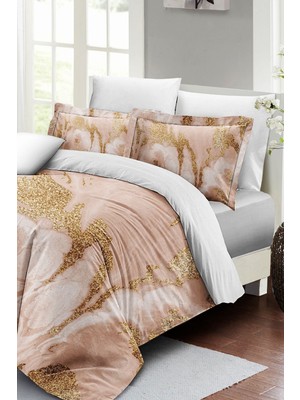 Çift Kişilik Lastikli Çarşaflı Pamuk Saten Marble Shiny Nevresim Takımı