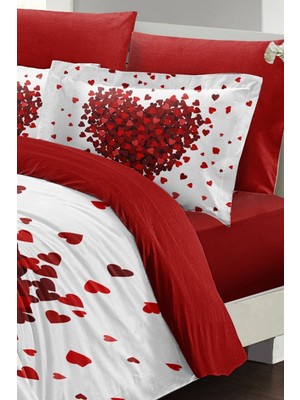 Çift Kişilik Lastikli Çarşaflı Pamuk Saten Red Love Nevresim Takımı