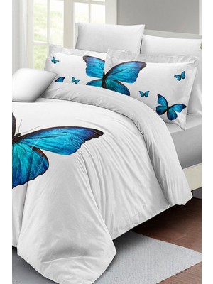 Çift Kişilik Lastikli Çarşaflı Pamuk Saten Blue Butterfly Nevresim Takımı