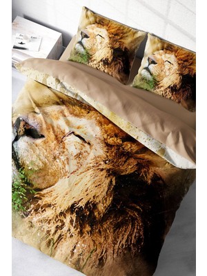 Lastikli Çarşaflı Pamuk Saten Çift Kişilik Lion Nevresim Takımı