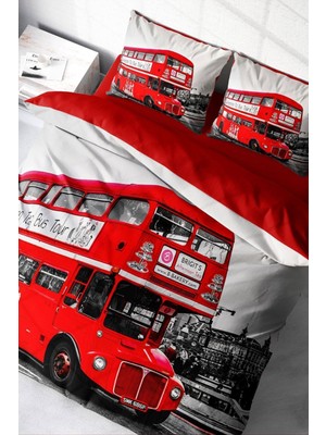 Doğal Pamuk Çift Kişilik 3D Digital London Bus Nevresim Takımı