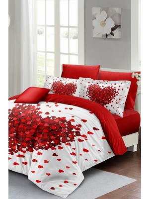 Çift Kişilik Sık Dokuma Pamuk Saten 3D Özel Tasarım Red Love Nevresim Takımı