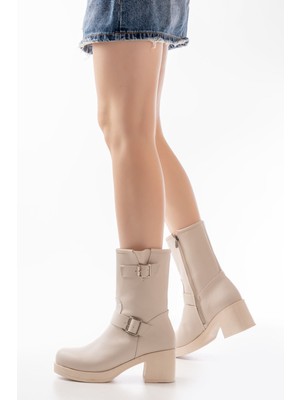 Home 5109-3043 Bej Toka Aksesuarlı Fermuarlı Kalın Topuklu Günlük Kadın Bot