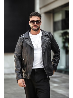 Erkek Siyah Çapraz Fermuarlı Deri Ceket