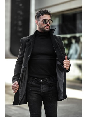 Gm Giyimarket Erkek Dar Kesim Kaşe Kaban Uzun Kol Siyah Biker Yaka Orta Kalınlık