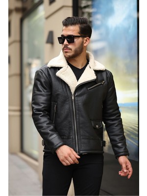 Erkek Napa Deri Çapraz Fermuarlı Içi Full Kürklü Slim Fit Mont & Ceket