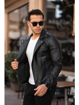 Erkek Siyah Çapraz Fermuarlı Deri Ceket