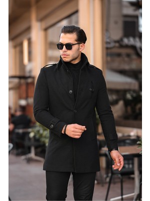 Gm Giyimarket Erkek Dar Kesim Dik Yaka Yün Karışımlı Uzun Kaşe Kaban