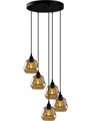 Woodhub Denzel Özel Tasarım Siyah Renk Füme Camlı Sarkıt Salon - Mutfak - Yatak Odası 5 Li Avize