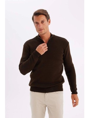 DeFacto A5184 Standart Fit Normal Kesim Dik Yaka Fermuarlı Basic Düz Triko Kazak