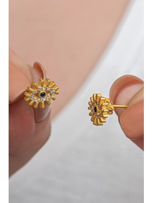 Nereze 925 Ayar Gümüş Gold Kaplama Zirkon Taşlı Minik Göz Model Küpe