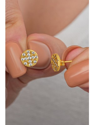 Nereze 925 Ayar Gümüş Gold Kaplama Zirkon Taşlı Yuvarlak Model Minik Küpe
