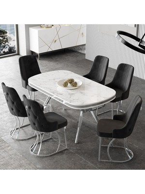 Canisa Epal Serisi 90 x 168 cm Lak Panel Beyaz Mermer Desen Masa Takımı Krom Ayaklı 6 Sandalye