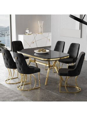 Canisa Epal Serisi 90 x 168 cm Lak Panel Siyah Mermer Desen Masa Takımı Gold Ayaklı 6 Sandalye