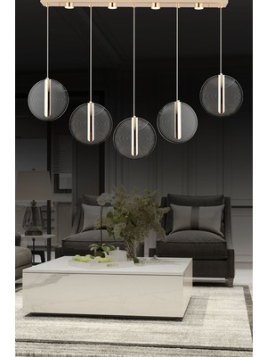 Woodhub Dustin 5'li Sıralı 3 Renk 75 Watt Gold Kristal Ledli Modern Oturma Odası Salon Sarkıt Avize