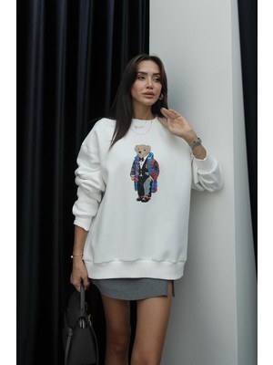 Beyaz Papyonlu Teddy Baskılı Sweatshirt