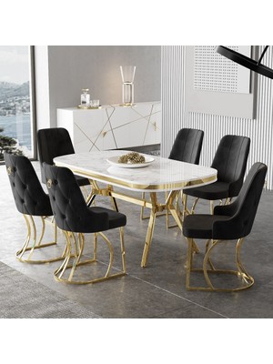 Canisa Epal Serisi 90 x 168 cm Lak Panel Beyaz Mermer Desen Masa Takımı Gold Ayaklı 6 Sandalye