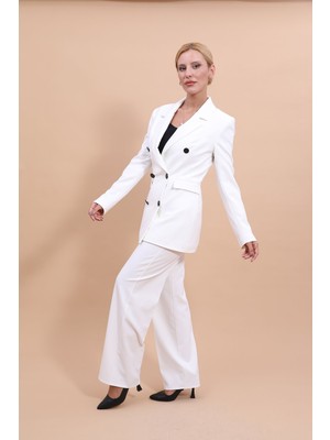 Erkek Yaka Kuruvaze Blazer Ceket & Bol Paça Pantolon-Beyaz