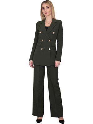 Erkek Yaka Kuruvaze Blazer Ceket & Bol Paça Pantolon-Haki