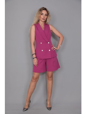 Abiye Yelek & Tokalı Etek Şort-Fuşya
