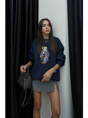 Lacivert Papyonlu Teddy Baskılı Sweatshirt