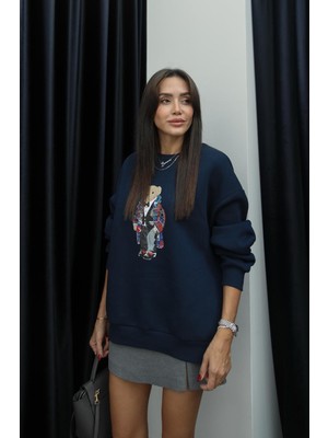 Lacivert Papyonlu Teddy Baskılı Sweatshirt