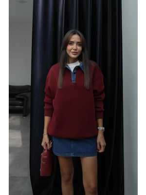 Bordo Yakası Kot Detaylı Şardonlu Sweatshirt