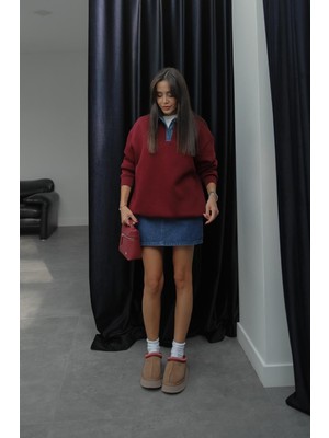 Bordo Yakası Kot Detaylı Şardonlu Sweatshirt