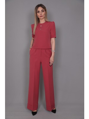 Önder Özsoy Kayık Yaka Kısa Kol Bluz & Duble Paça Yüksek Bel Pantolon Takım-Kiremit