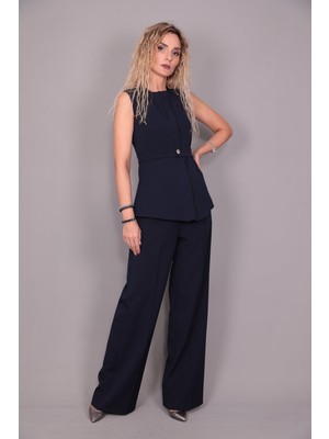 Önder Özsoy Kemerli Yelek & Yüksek Bel Bol Paça Pantolon Takım-Lacivert