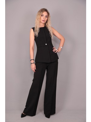 Önder Özsoy Kemerli Yelek & Yüksek Bel Bol Paça Pantolon Takım-Siyah