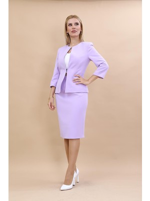 Önder Özsoy Sıfır Yaka Düz Kısa Ceket &  Düz Dar Etek-Menekşe