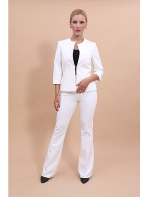 Önder Özsoy Sıfır Yaka Düz Kısa Ceket &  İspanyol Paça Pantolon-Beyaz