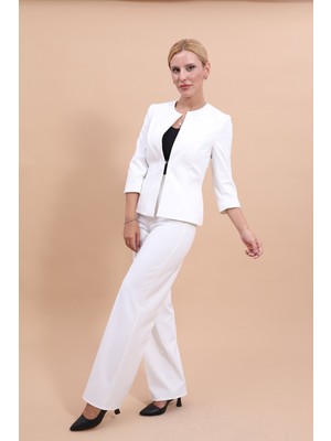 Önder Özsoy Sıfır Yaka Düz Kısa Ceket & Bol Paça Pantolon Takım-Beyaz