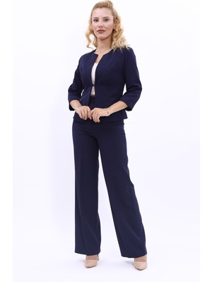 Önder Özsoy Sıfır Yaka Düz Kısa Ceket & Bol Paça Pantolon Takım-Lacivert