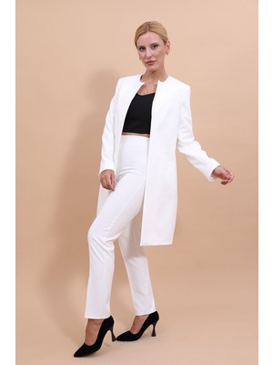 Önder Özsoy Sıfır Yaka Düz Uzun Ceket & Dar Paça Pantolon-Beyaz