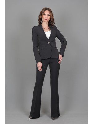 Önder Özsoy Yakasız Tek Düğmeli Ceket & Ispanyol  Paça Pantolon Takım-Füme