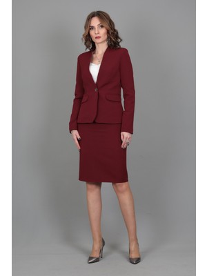 Önder Özsoy Yakasız Tek Düğmeli Ceket & Kalem Etek Takım-Bordo