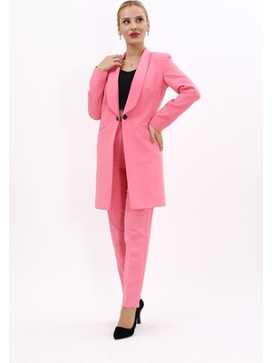 Şal Yaka Cepli Uzun Ceket & Dar Paça Pantolon Takım-Pembe