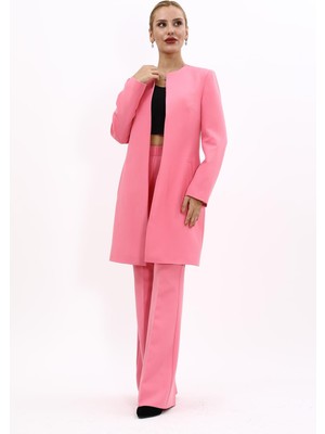 Önder Özsoy Sıfır Yaka Düz Uzun Ceket & İspanyol Paça Pantolon-Pembe