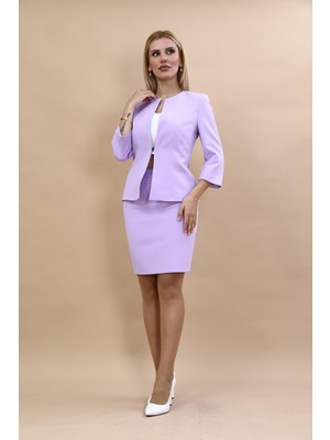 Önder Özsoy Sıfır Yaka Düz Kısa Ceket & Yırtmaçlı Düz Dar Etek-Menekşe